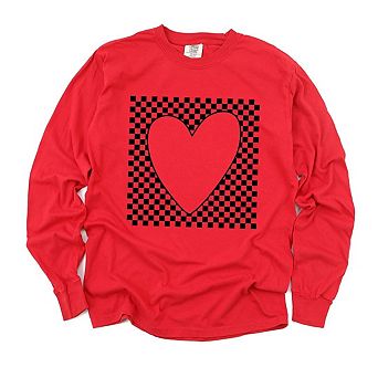 Checkered Heart Cut Out Garment Dyed Long Sleeve Tees