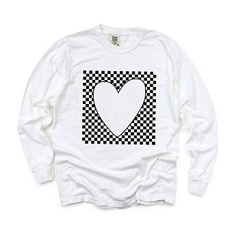 Checkered Heart Cut Out Garment Dyed Long Sleeve Tees