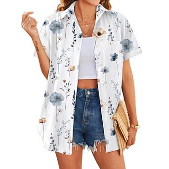 Zeagoo Womens Boho Hawaiian Shirt Short Sleeve Tropic Button Up Blouse Beach Vacation Casual Tops