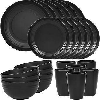 JUANWANG 24 pc Unbreakable Dinnerware Set for 6, Microwave & Dishwasher Safe, Black