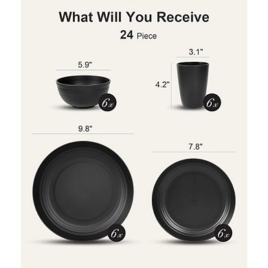 JUANWANG 24-Pc Unbreakable Dinnerware Set for 6, Microwave & Dishwasher Safe, Black