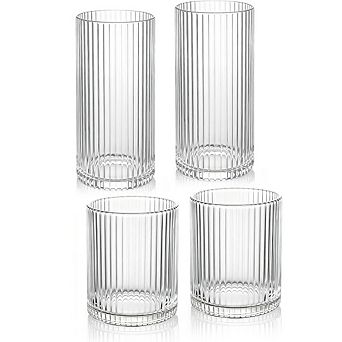 JUANWANG Ribbed Drinking Glasses 8pcs, 12oz and 10oz Glassware, Tumbler Glasses Cup Set, Clear