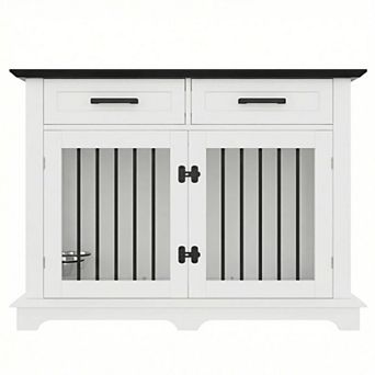 44.48" Wooden Dog Crate Furniture End Table for Medium Dogs, with 2 Storage Drawers & Rotating Bowls
