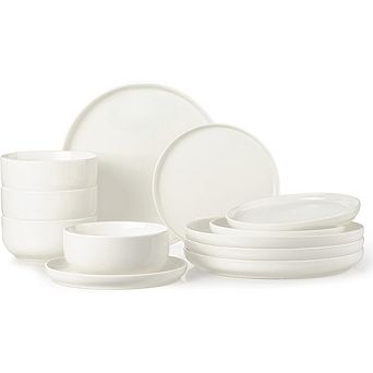 JUANWANG 12 pc Ceramic Dinnerware Set for 4, Microwave & Dishwasher Safe, White