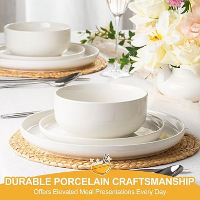 JUANWANG 12-Pc Ceramic Dinnerware Set for 4, Microwave & Dishwasher Safe, White