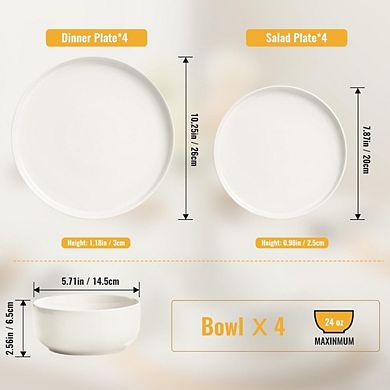 JUANWANG 12-Pc Ceramic Dinnerware Set for 4, Microwave & Dishwasher Safe, White