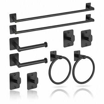 10 pc Bathroom Hardware Set 24" Towel Bar Ring Toilet Paper Holder Hooks Black Wall Mounted