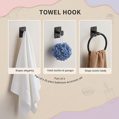 10-Piece Bathroom Hardware Set 24" Towel Bar Ring Toilet Paper Holder Hooks Black Wall Mounted