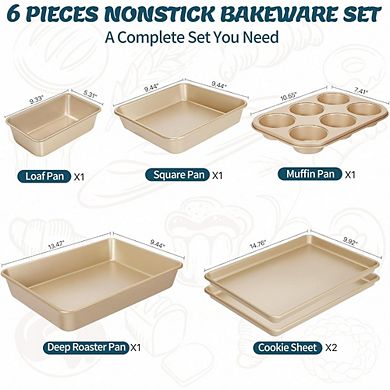 JUANWANG 6-Pc Nonstick Bakeware Set, Carbon Steel, Stackable, Oven Safe