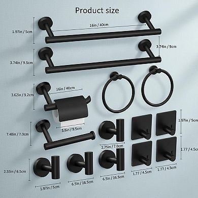 14 Pieces Matte Black Bathroom Accessory Set Stainless Steel Hardware Wall Mounted Towel Bar Racks