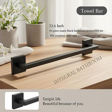 10-Piece Matte Black Bathroom Hardware Set SUS304 Stainless Steel Towel Bar Rack Kit