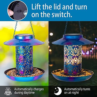 Solar Bird Feeder Metal Hanging Lantern Weatherproof Easy Fill Clean Gift