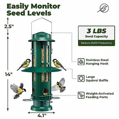 Squirrel Proof Bird Feeder Weight Activated Metal Hanging 3lb Capacity
