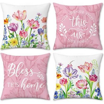 Tulips Floral Throw Pillow Covers 18 x 18 Inch Flowers Leaves Decorative Pillows Case Soft Set of 4