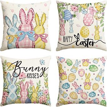 Happy Easter Rabbit Easter Eggs Colorful Flowers Throw Pillow Covers, 18 x 18 Inch Bunny Set of 4