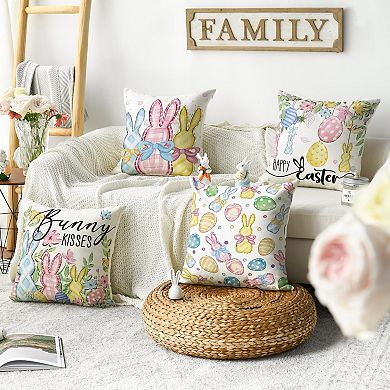Happy Easter Rabbit Easter Eggs Colorful Flowers Throw Pillow Covers, 18 x 18 Inch Bunny Set of 4