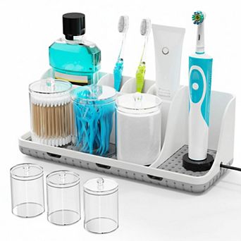 Bathroom Counter Organizer Toothbrush Holder with 3 Qtip Holders Drainage Quick Drying Removable