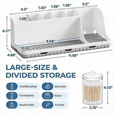 Bathroom Counter Organizer Toothbrush Holder with 3 Qtip Holders Drainage Quick Drying Removable
