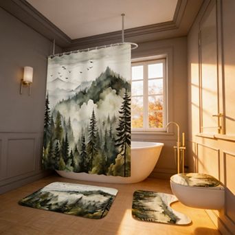 4 pc Green Misty Forest Shower Curtain Set with Rugs Mat Toilet Lid Cover 12 Hooks Bathroom Decor