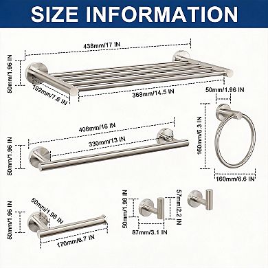 6 Pieces Bathroom Accessories Set SUS304 Stainless Steel Wall Mounted