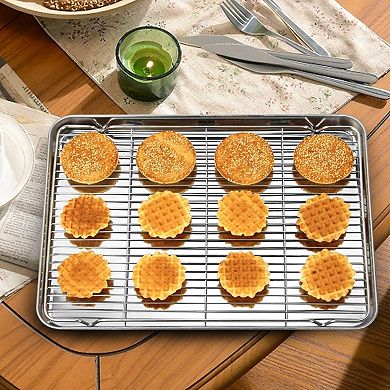 Baking Sheet & Rack Set [2 Sheets + 2 Racks], Stainless Steel Cookie Pan with Cooling Rack