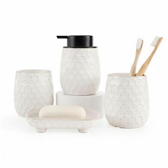 4 pc Ceramic Bathroom Accessory Set with Foaming Soap Dispenser Tumblers Soap Dish
