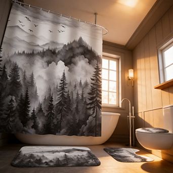 4 pc Green Misty Forest Shower Curtain Set with Rugs Mat Toilet Lid Cover 12 Hooks Bathroom Decor