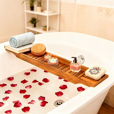 Teak Wooden Bathtub Caddy Bathroom Storage Tray