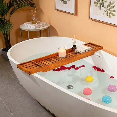 Teak Wooden Bathtub Caddy Bathroom Storage Tray