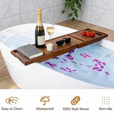 Expandable Teak Bathtub Caddy With Storage Holder