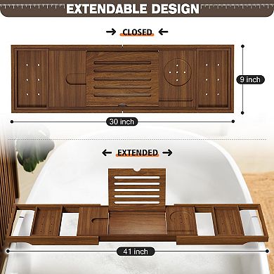 Expandable Teak Bathtub Caddy With Storage Holder
