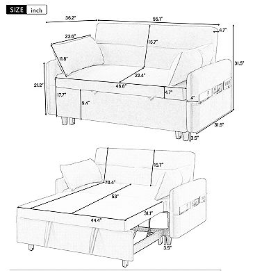 Pnronnc Loveseat Sofa Bed Pull-Out Sleeper Sofa, Adjsutable Backrest Sofa with USB Ports, Pillows