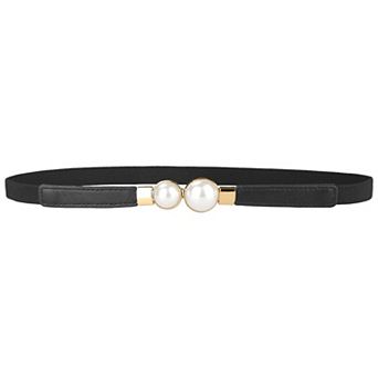 Women Skinny Stretchy Waist Belt, Gold Pearl Buckle Elastic Thin Waistband for Dress