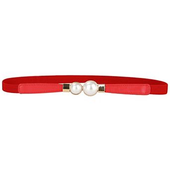 Women Skinny Stretchy Waist Belt, Gold Pearl Buckle Elastic Thin Waistband for Dress