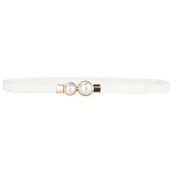 Women Skinny Stretchy Waist Belt, Gold Pearl Buckle Elastic Thin Waistband for Dress
