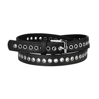 Women Grommet Belt PU Leather Metal Buckle Skinny Waist Hollow Belts