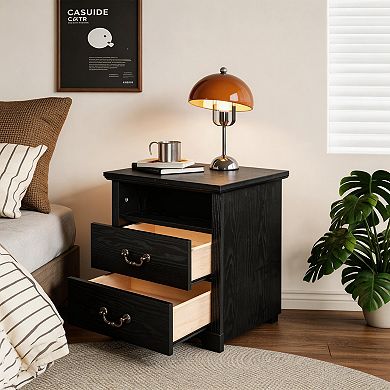 Rustic Nightstand Bedside Table with Open Shelf and 2 Drawers
