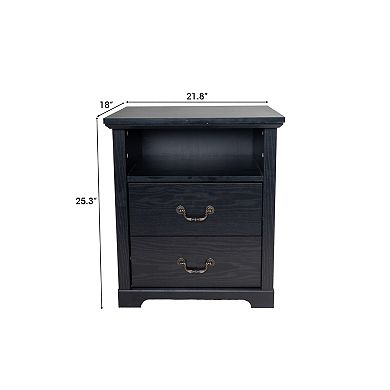 Rustic Nightstand Bedside Table with Open Shelf and 2 Drawers