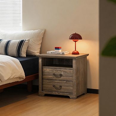 Rustic Nightstand Bedside Table with Open Shelf and 2 Drawers