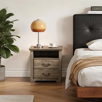 Rustic Nightstand Bedside Table with Open Shelf and 2 Drawers