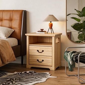 Rustic Nightstand Bedside Table with Open Shelf and 2 Drawers