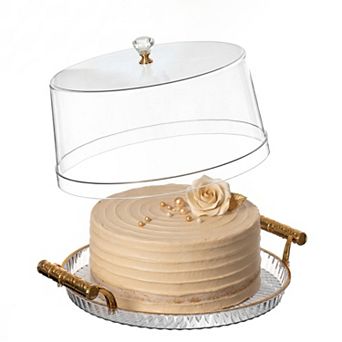 Basicwise 12-Inch Round Plastic Cake Stand with Clear Flat-Top Cover and Gold Handles