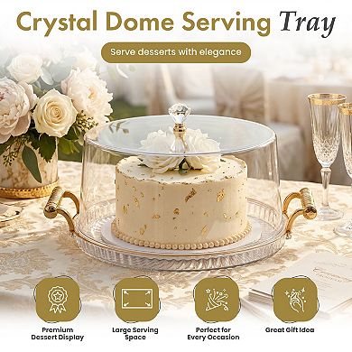 Basicwise 12-Inch Round Plastic Cake Stand with Clear Flat-Top Cover and Gold Handles