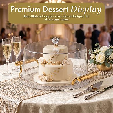 Basicwise 12-Inch Round Plastic Cake Stand with Clear Flat-Top Cover and Gold Handles