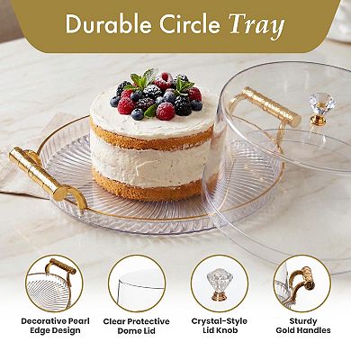 Basicwise 12-Inch Round Plastic Cake Stand with Clear Flat-Top Cover and Gold Handles