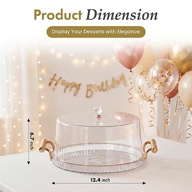 Basicwise 12-Inch Round Plastic Cake Stand with Clear Flat-Top Cover and Gold Handles