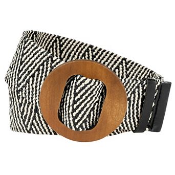 Women's Woven Stretch Belts Straw Rattan Wooden Buckle Elastic Wide Waistband Waist Belt for Dress