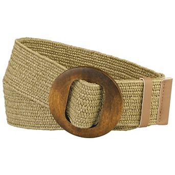 Women's Woven Stretch Belts Straw Rattan Wooden Buckle Elastic Wide Waistband Waist Belt for Dress