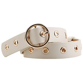 Women's Leather Belt for Jeans Dress Pants Studded Grommet with Circle Metal Buckle