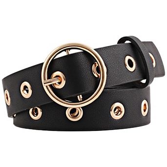 Women's Leather Belt for Jeans Dress Pants Studded Grommet with Circle Metal Buckle